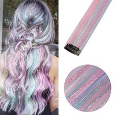 Unicorn Clip in Hair Extensions Mixed Silver Tinsels Synthetic Rainbow Party