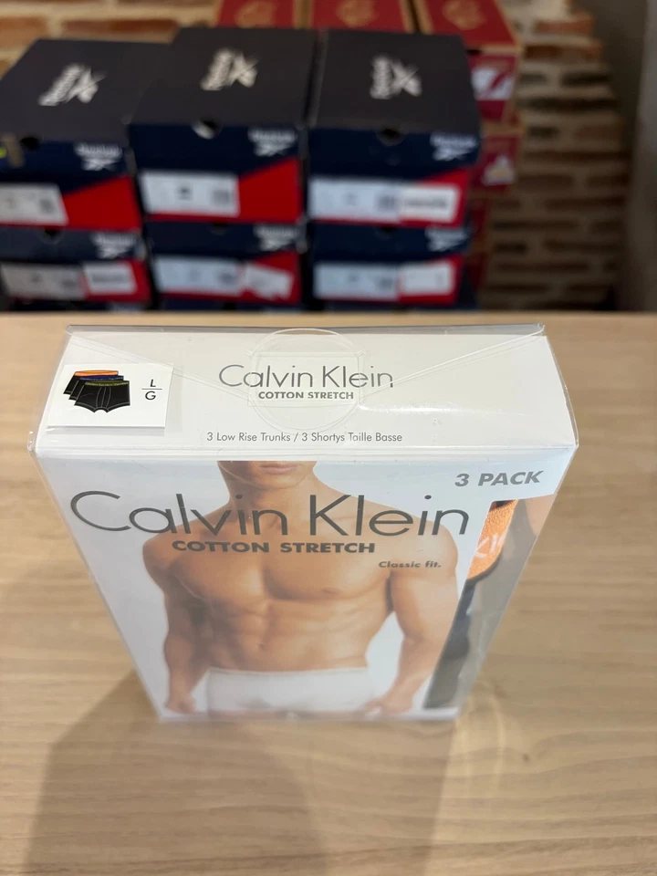 Calvin Klein Cotton Stretch 3 Pack Boxer Homme Noir Orange Bleu Taille L Neuf - Photo 2/4
