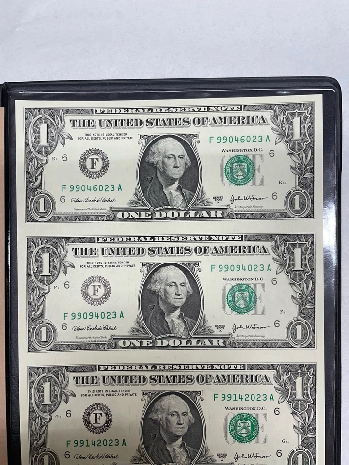 2003 $1 Federal Reserve Notes Uncut Sheet of 4 With Nice Holder And Certificate - Image 2 of 4