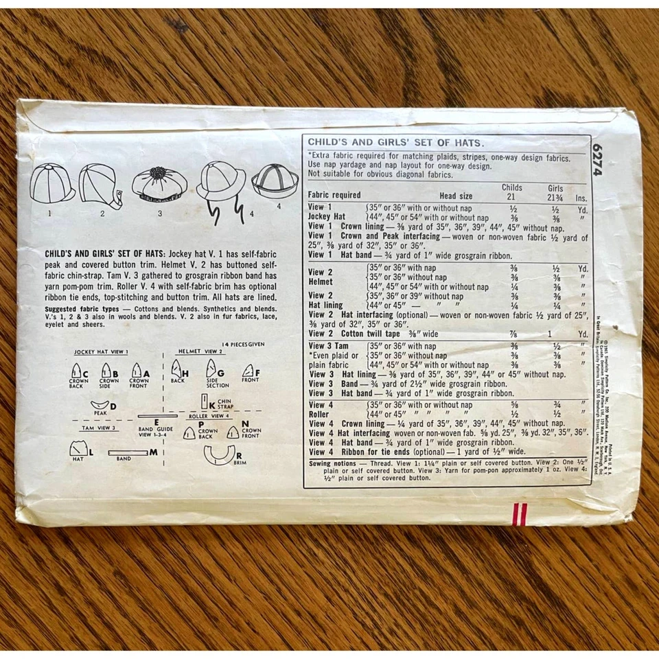 Vintage 1960s Simplicity 6274 Sewing Pattern Size 21 3/4" Set of Hats COMPLETE - Image 2 of 2