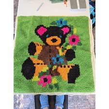 Vintage Handmade Latch-Hook Rug Teddy Bear  Flowers green background 33" square