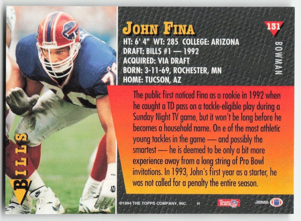 1994 Bowman #131 John Fina Buffalo Bills FB1-81 - Image 2 of 2