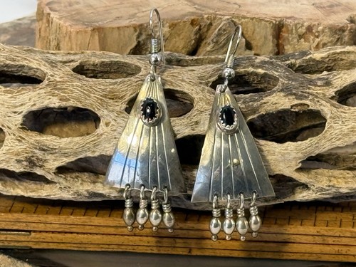 Vintage Navajo Native Sterling Black Onyx Shield Dangle earrings--959.26