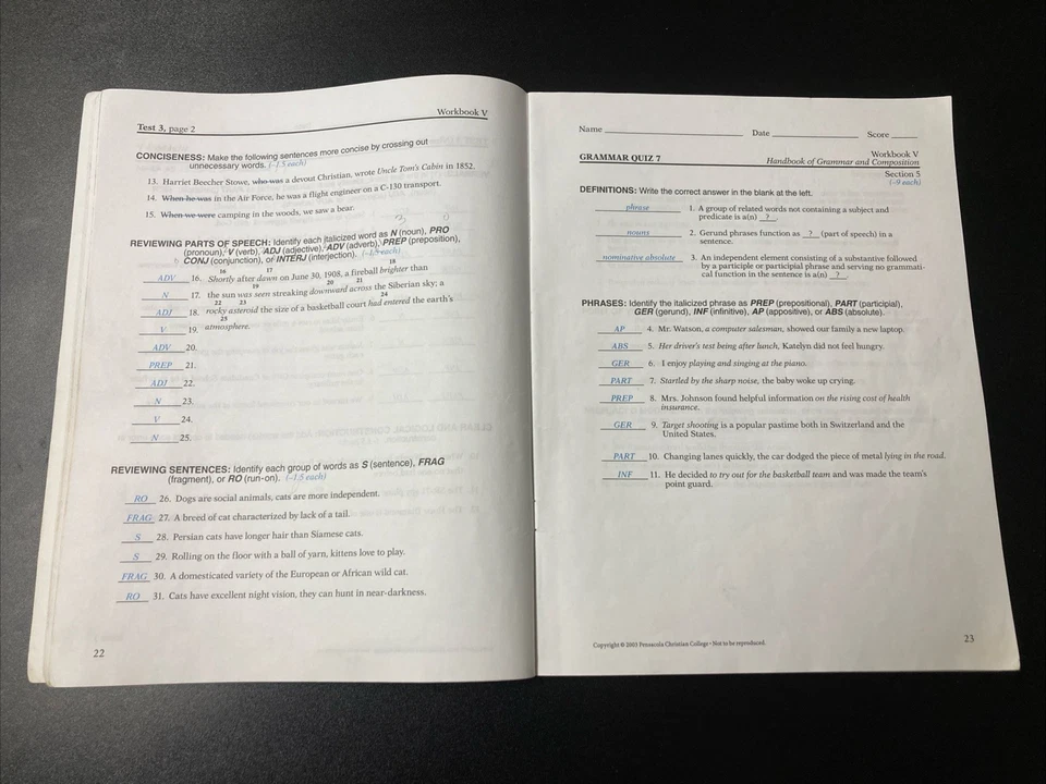 Abeka Workbook V for handbook of grammar Teacher Quiz Test Key - Image 3 of 4