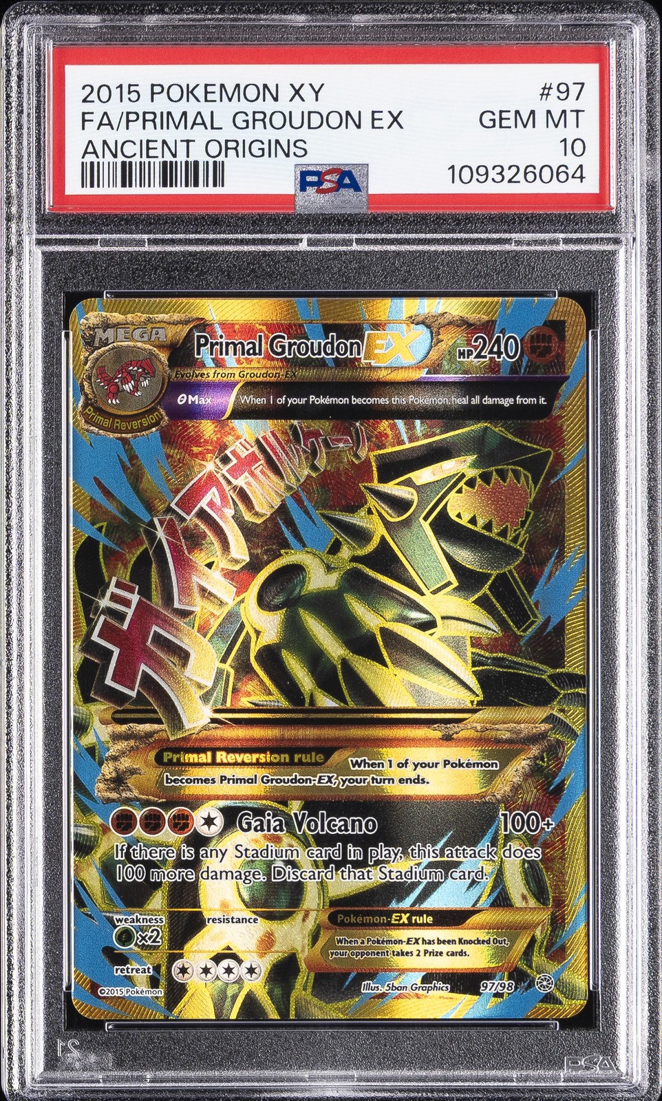 2015 POKEMON XY ANCIENT ORIGINS #97 FULL ART/PRIMAL GROUDON EX PSA 10