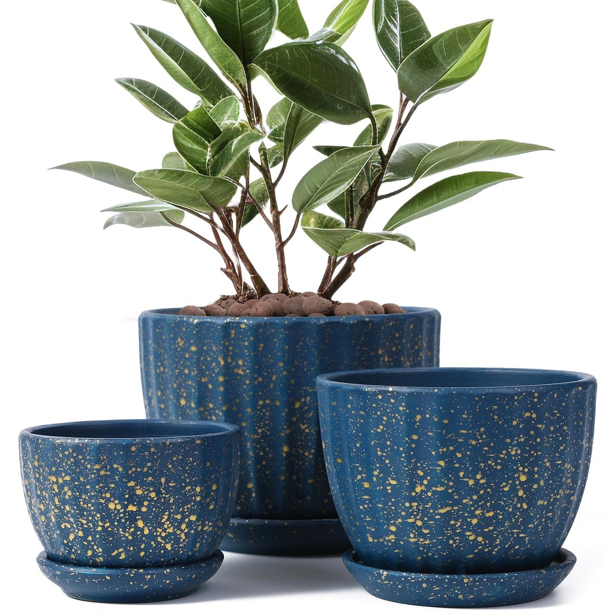 STHIE Ceramic Plant Pots With Drainage Holes And Saucers, Round Blue Flower Pots for Indoor Plant, Diameter 3.3/4.3/5.5 Inches Small Mini Flower