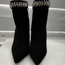 Black Suede Ankle Booties Rhinestone Pointed Toe Stiletto Heel Zip
