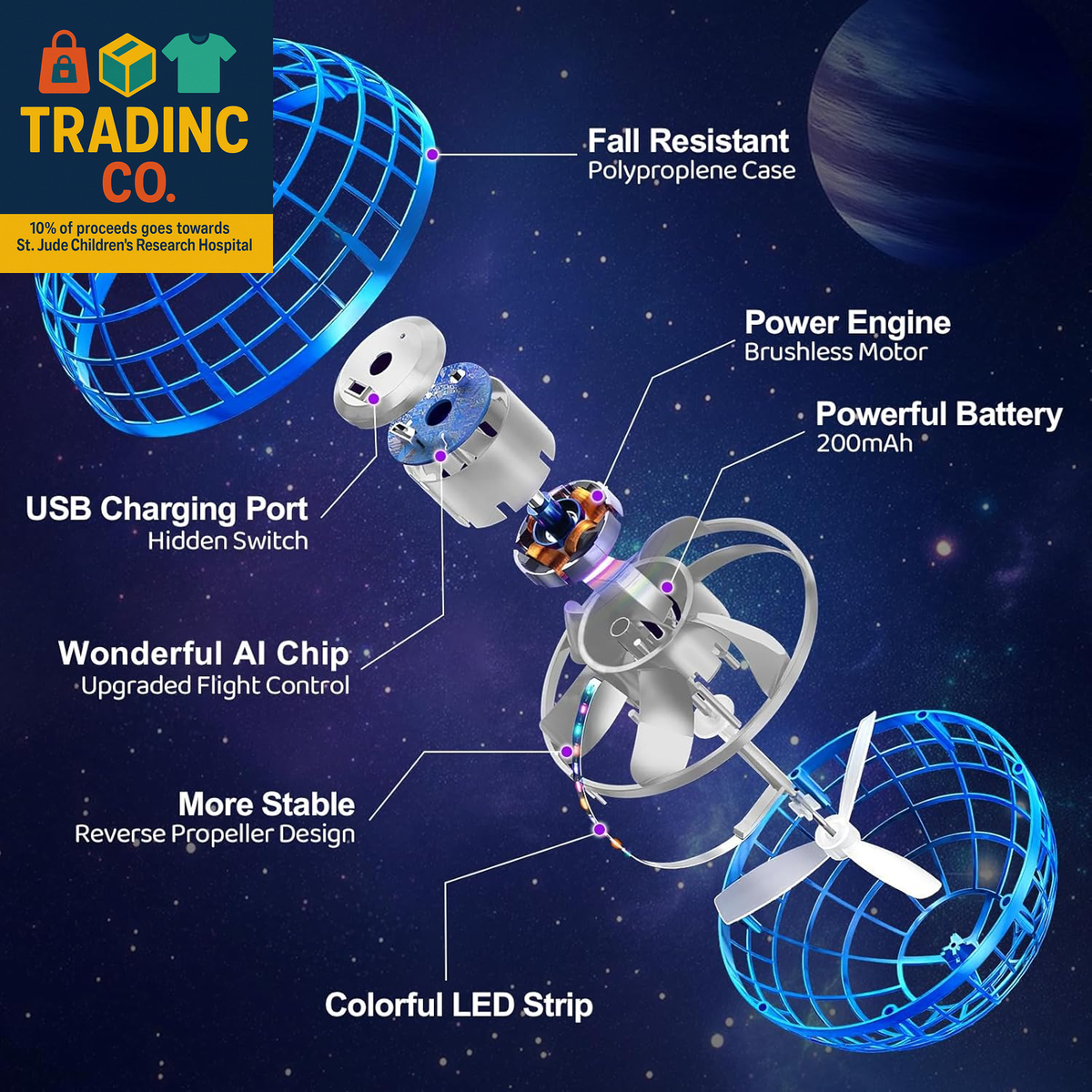 Palla Volante Giocattolo Flying Orb Ball 2025 - Sfera Boomerang Con Luci LED Controllata A Mano - Drone Orbita Per Bambini 6+ Anni