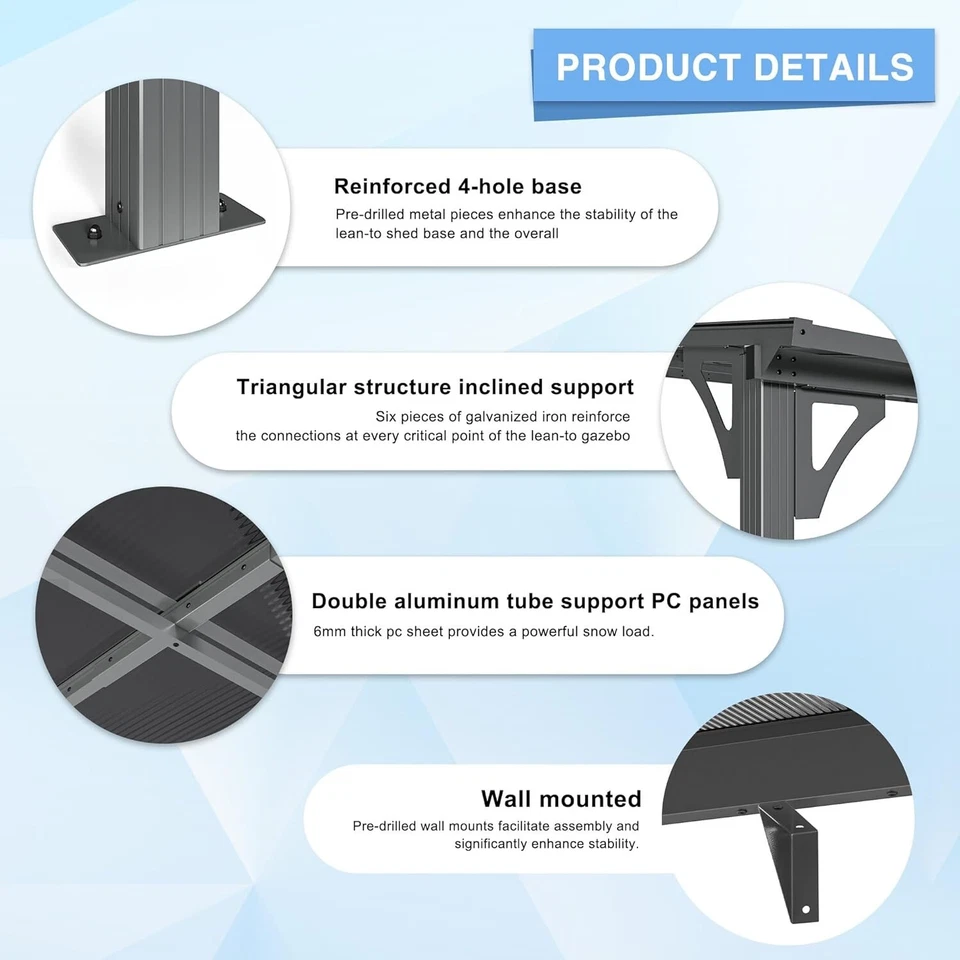 10x14 ft Pergola Gazebo for Patio Wall-Mounted Lean to Gazebo Lean to Gazebo - Image 3 of 4