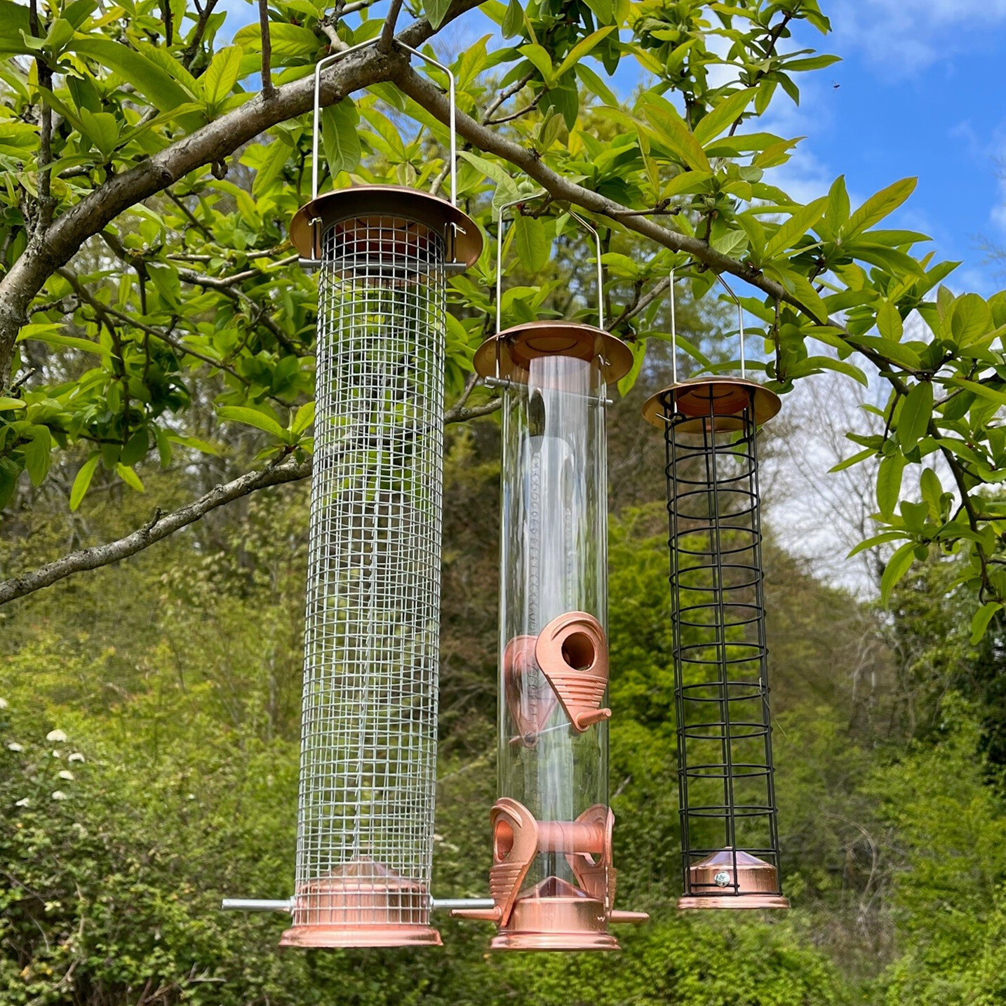 Large Copper Style Hanging Bird Feeder Seed, Nut and Fat Ball Suet (Set of 3)