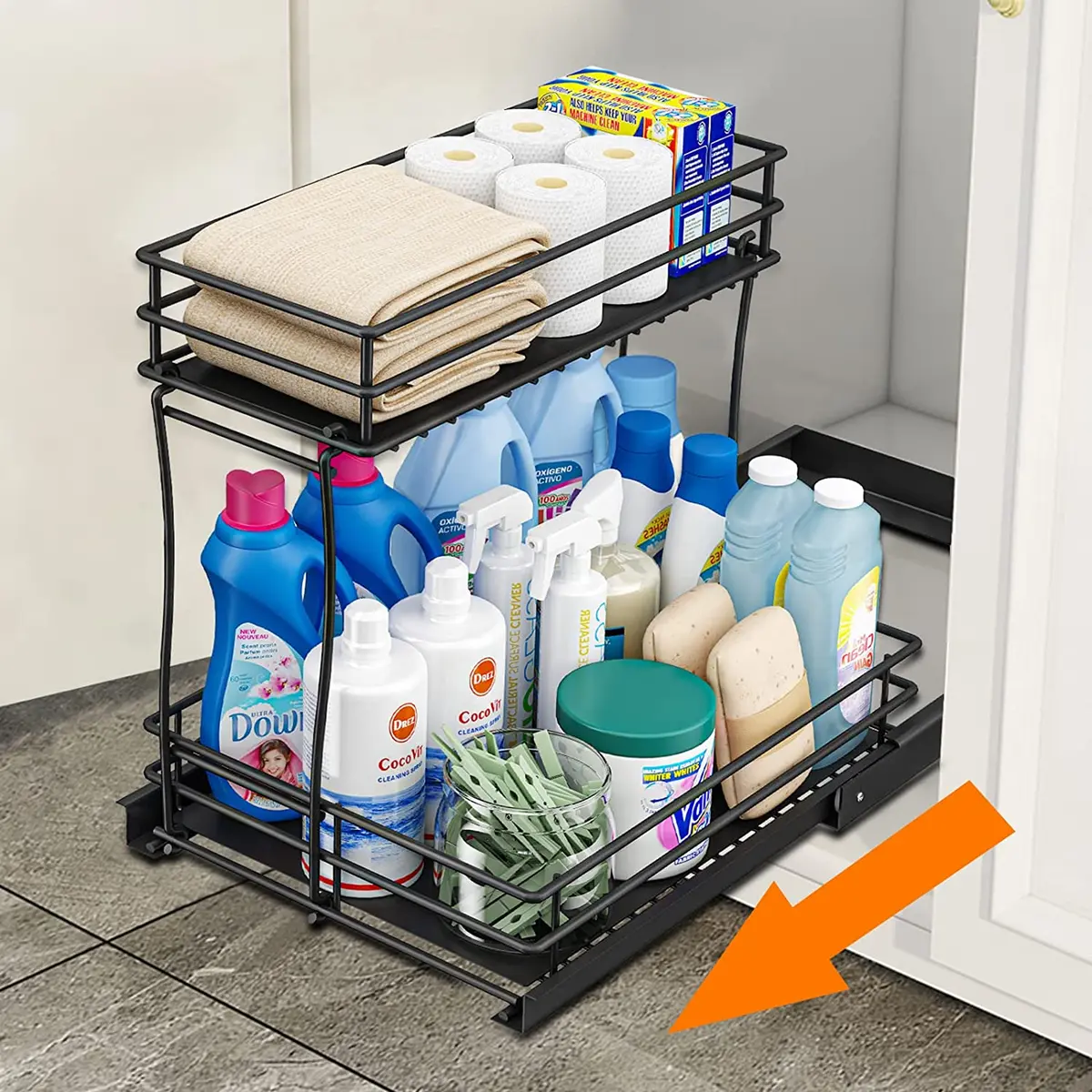 Pull Out Cabinet Organizer, 2-Tier under Sink Slide Out Kitchen Cabinet  Storage
