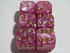 NEW Dice Set of 6 D6 (16mm) - Pearl Pink with gold inking