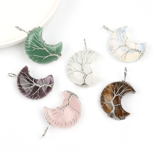 Natural Healing Crystal Quartz Wire Wrap Tree Of Life Crescent Moon Gem Pendant - Picture 7 of 37
