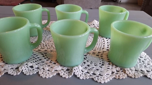 Vintage Fire King Oven Ware Jadeite Restaurant D Handle Coffee Mug. Set of 6.