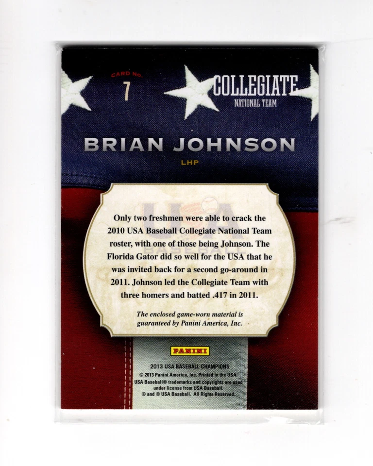 2013 Panini USA Baseball Champions Game Gear Jerseys Brian Johnson #7 - Image 2 of 2