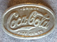 VINTAGE BRASS COCA COLA COKE BELT BUCKLE W/ FIVE CENTS ON FACE
