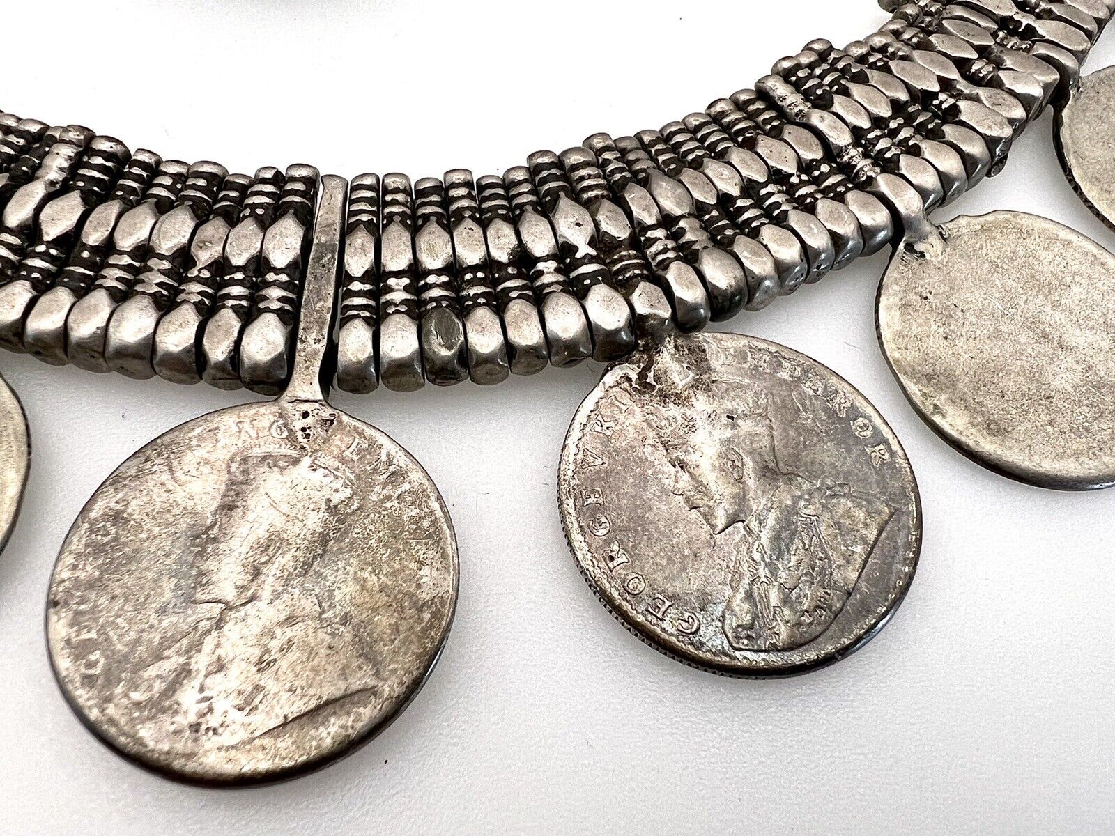 Early 20thC Indian Solid Silver Sliver Coin Necklace With  1918 Silver Rupees 