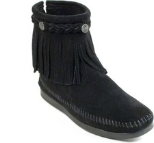EUC Minnetonka 299 Suede Black Studded Fringe High Top Moccasin Boots Size 6M