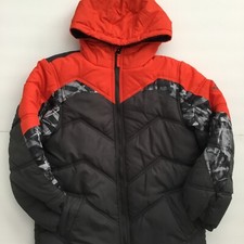 Pacific Trail Boys Puffer Jacket Hooded Zipper Closure Pockets Black Orange Sz M