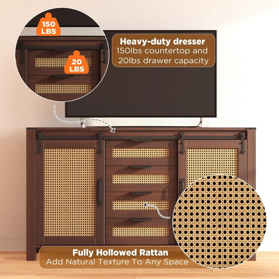 Фермерский сервант буфетный шкаф, кухонный шкаф из ротанга с местом для хранения и ящиком - Изображение 3 из 4