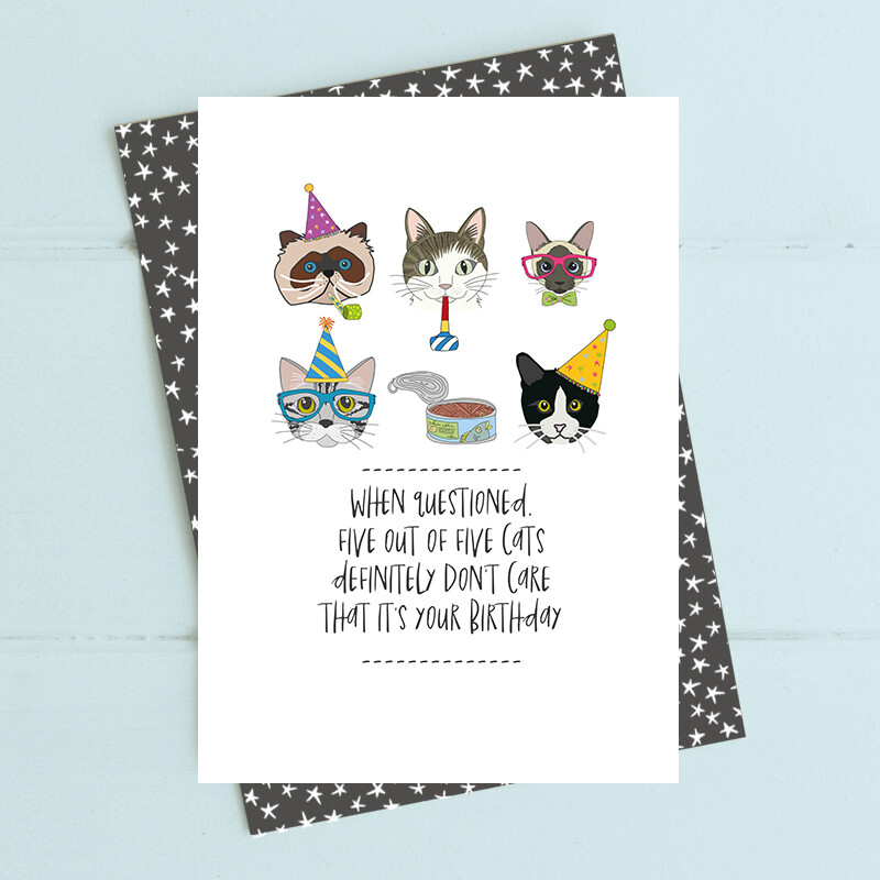 Funny Five Out of Five Cats Dont Care Birthday Card – Hilarious Illustrated Card