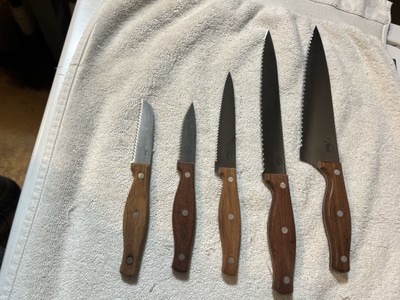 Ekco Flint 5 Pc Knife Set  3 Rivet Wood Handle Serrated Edge Chef Butcher Paring