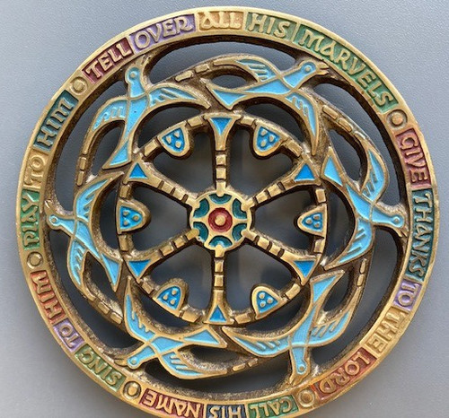 Vintage Terra Sancta Guild Israel Brass Enamel Trivet Doves Scripture 1969