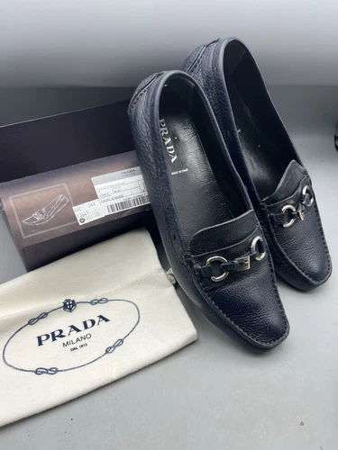 Mocassino donna Prada Daino Horse Bit pelle ciottolata blu navy 40 9 5
