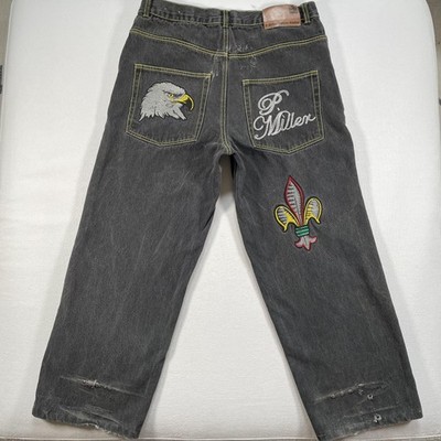 Vintage Master P Miller Jeans Mens 34x27 Black Baggy Wide Leg Embroidered Y2K