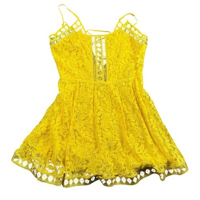 Bebe Yellow Floral Lace Mini Dress Lace Up Back Geometric Cutout Womens XL 290