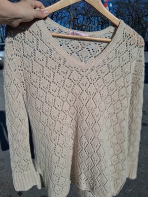 Calypso St. Barth 100% Cashmere Openwork Knit Pullover Luxury Tan Beige V-Neck