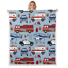 Cartoon Police Car Fleece Throw Blanket - Red Fire Truck Sherpa for Kids Boys...