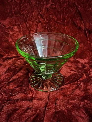 Vintage Green Uranium Vaseline Depression Glass Sherbet Dish Glows 3”