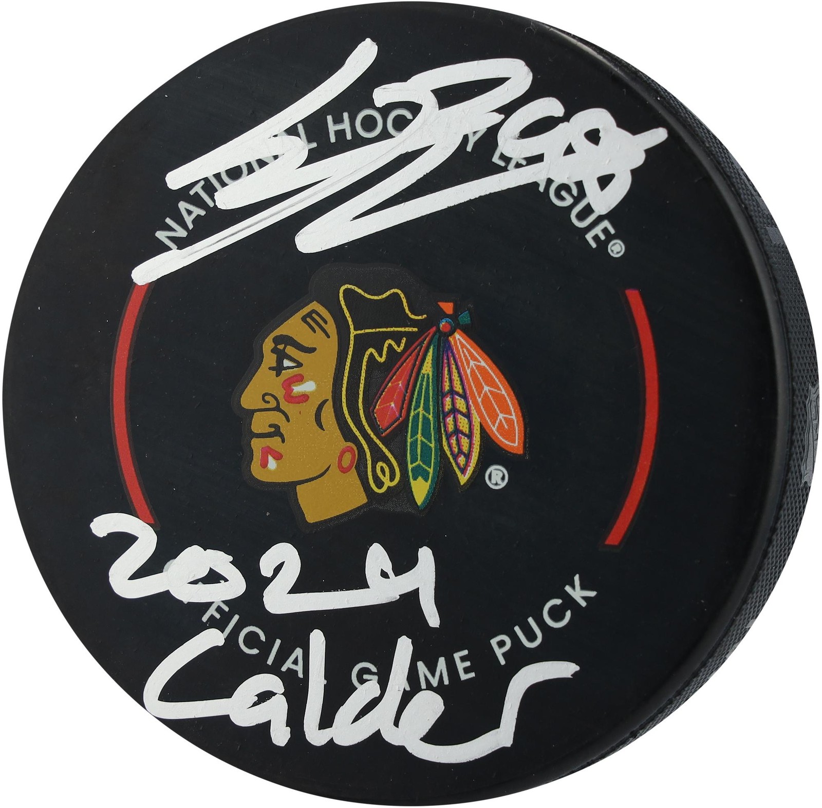 Connor Bedard Autographed Signed Chicago Blackhawks Official Game Puck w/2024 Calder Insc 