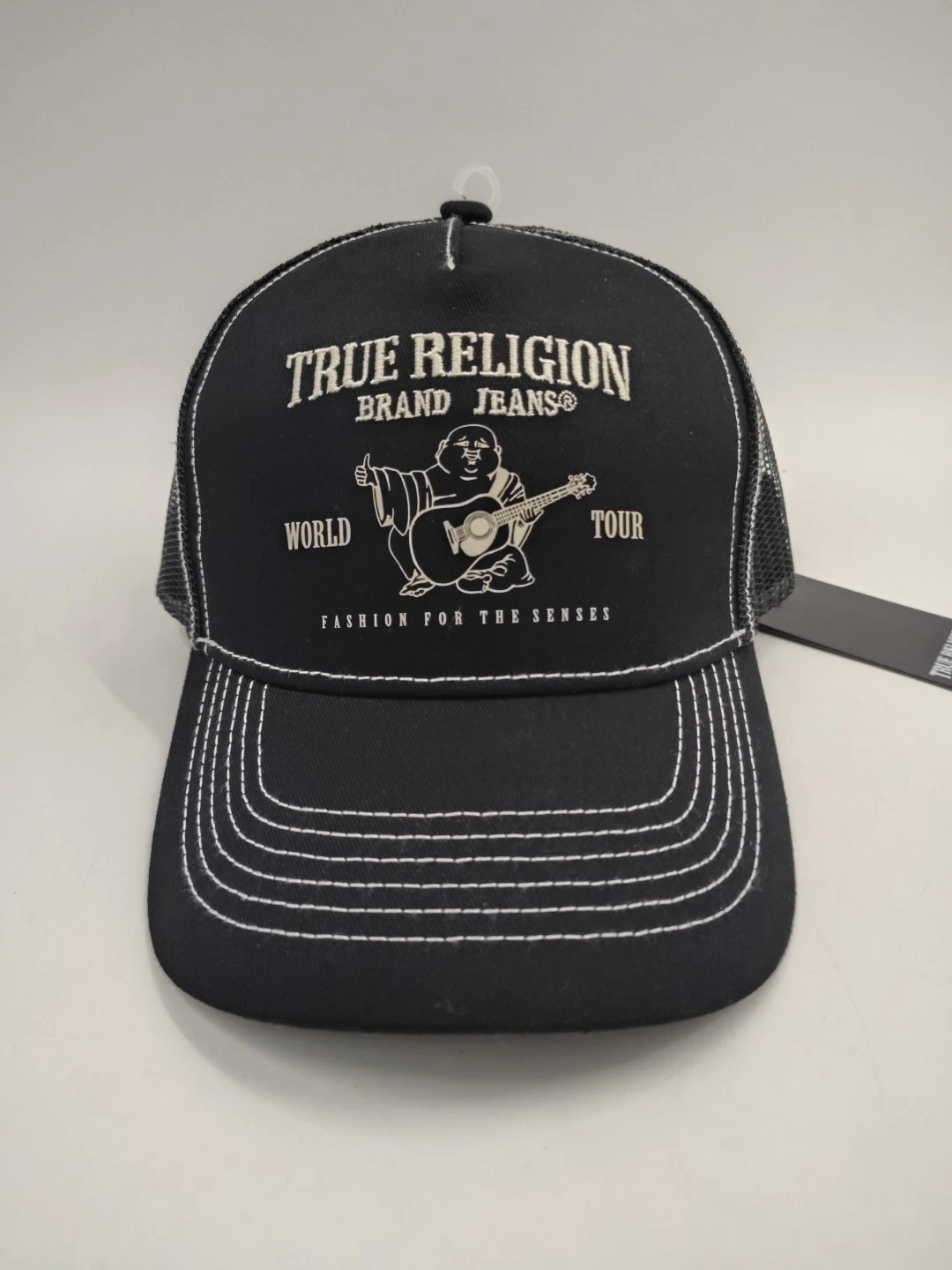 NWT Original TRUE RELIGION Trucker Baseball Cap Embroidered Black Stitched Mesh
