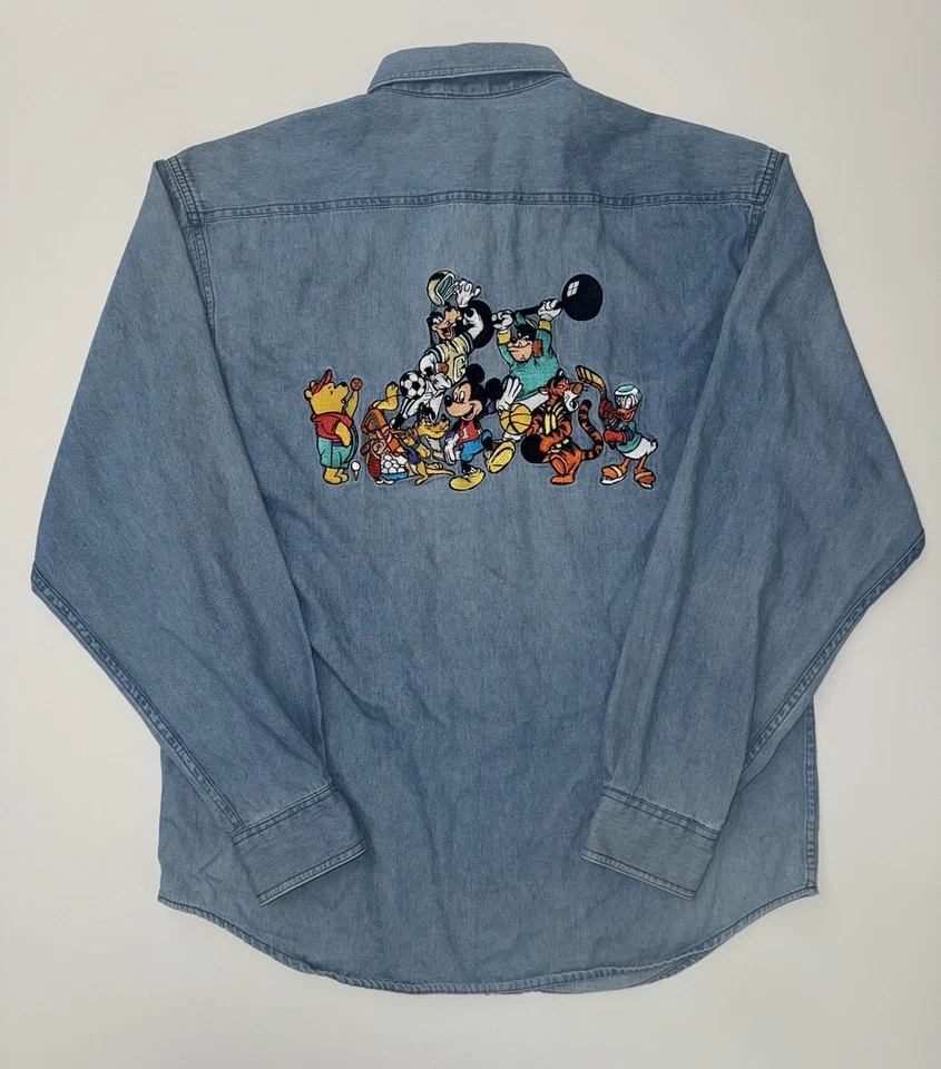 Vintage 90s Disney Store Mickey Mouse Donald Pooh Friends Rare Large Denim Shirt - Image 2 of 4