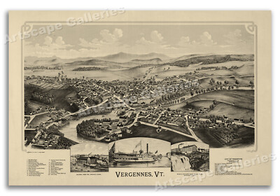 1890 Vergennes Vermont Vintage Old Panoramic City Map - 24x36