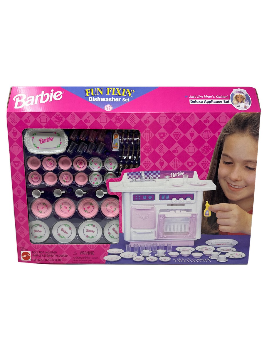 BARBIE 1997 Fun Fixin' DISHWASHER pink floral dishes minatures for