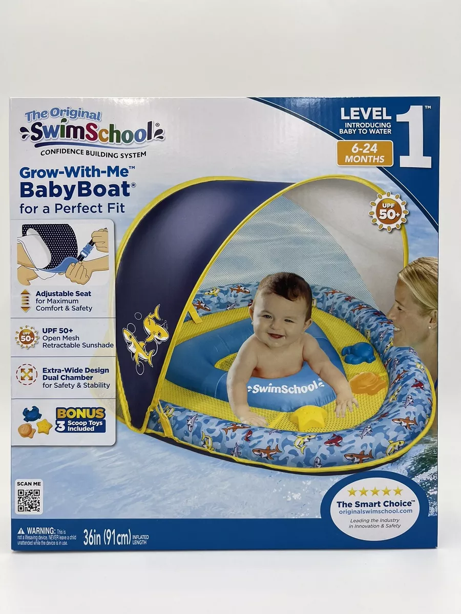 Swim School Adjustable Seat Fabric BabyBoat with 3 Toys Shark Blue NEW