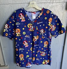 Disney Womens Large Halloween Scrub Top Shirt Mickey Minnie Mouse Blue Pockets
