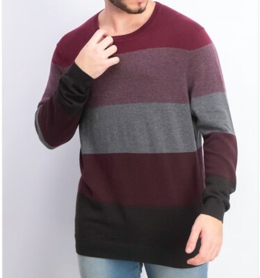 Tasso Elba Crew Neck Sweater Striped Colorblock Red Plum Gray Men's Size XL  NWT