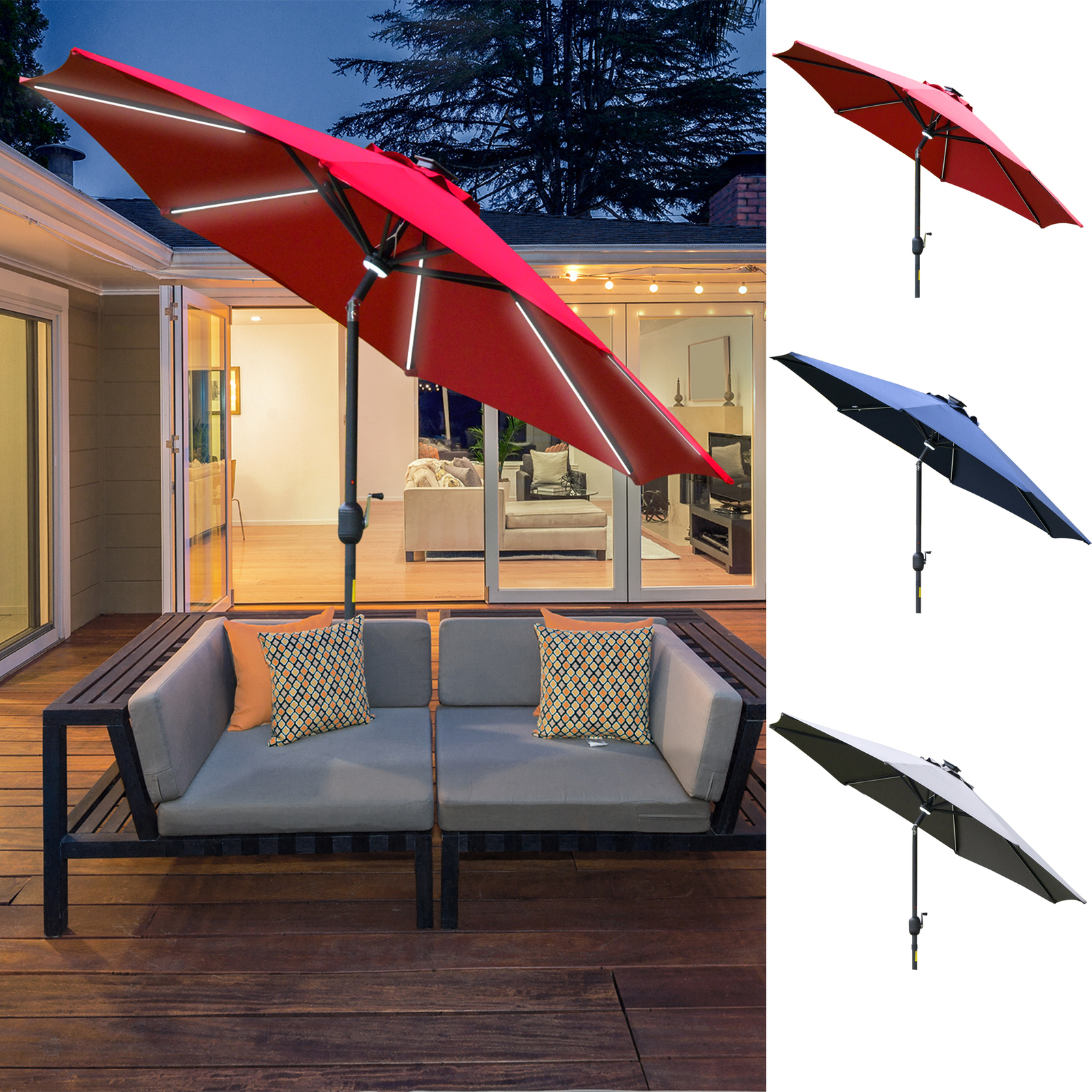 2.7m Garden Parasol Sun Umbrella w/ LED Solar Light Angled Canopy, Crank  Tilt | eBay