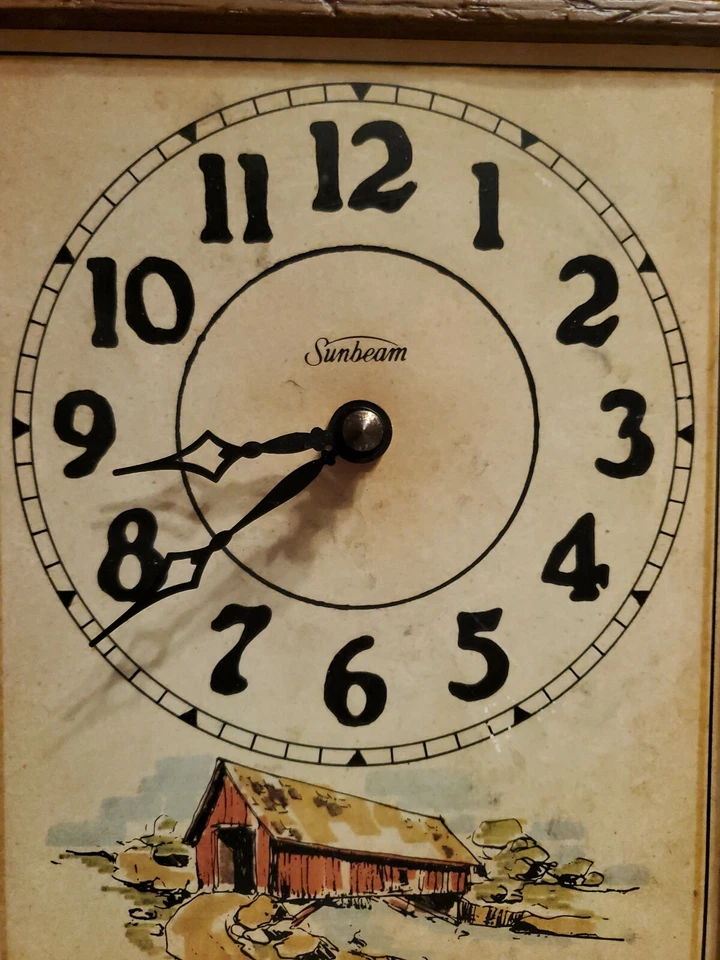 Vintage Sunbeam USA Plastic Wall Clock faux wood covered bridge picture 18" - Image 3 of 4