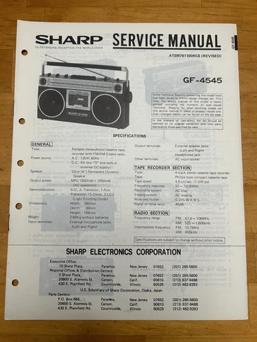 Sharp GF-4545 Boombox Tape Recorder Service Manual Vintage OEM Diagrams