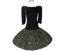 Vintage 80s Gold Lace Black Velvet Drop Waist Full Skirt Prom Party Dress S M