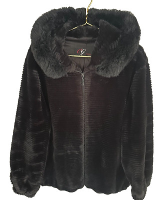 CG Gallery Plush Faux Fur Black Hooded Pile Jacket XL Vintage Retro Full Zip