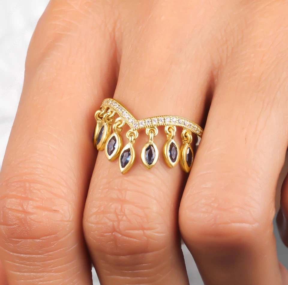 Marquise Shape Blue Sapphire Dangle Drop Ring, Moissanite Curved Stackable Ring - image 2 of 4