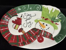 Fitz & Floyd Holly Hat Snowman Oval Sentiment Tray Christmas Sing with Joy
