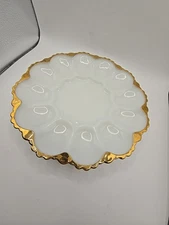 Vintage Anchor Hocking Milk Glass Deviled Egg Plate Gold Rim Scalloped Edge 