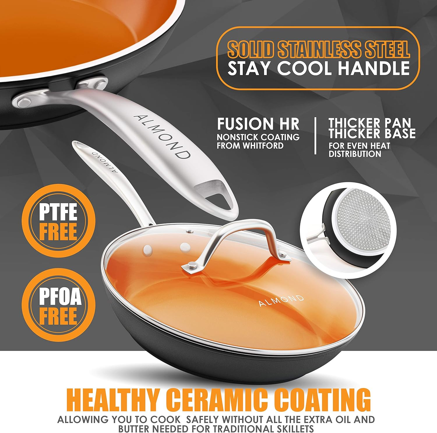 Nonstick Ceramic Copper Frying Pan: Non Stick 8 Inches Skillet with Glass Lid -